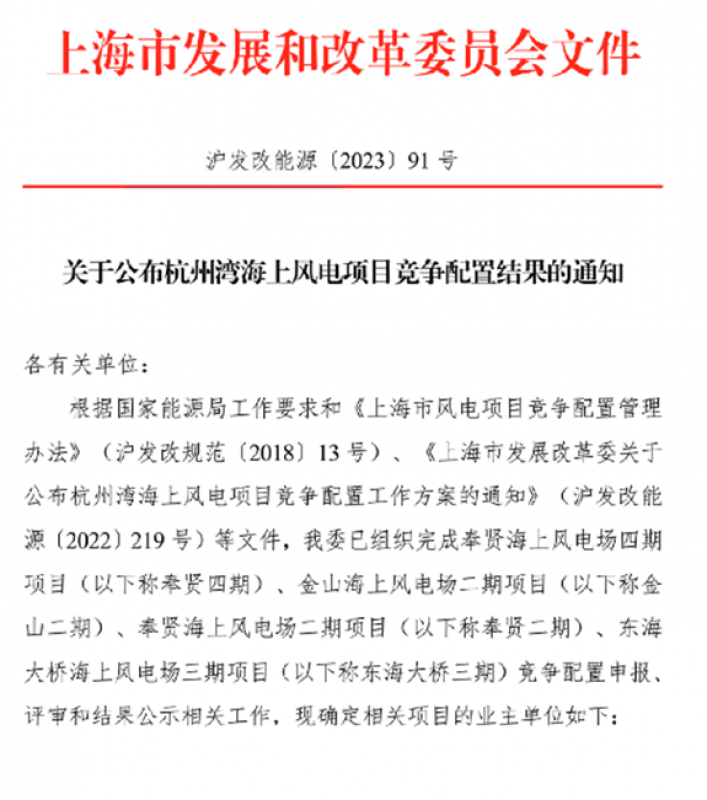 杭州湾海上风电项目竞争配置结果公布