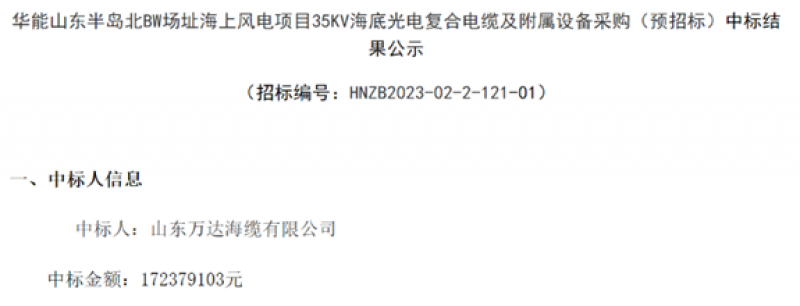 山东万达海缆中标华能山东半岛北BW场址海上风电项目