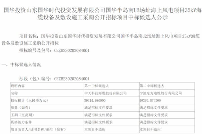 中天科技海缆拟中标3.97亿元！国华半岛南U2场址海上风电项目35kV海缆设备及敷设施工采购公开招标项目招标中标候选人公示