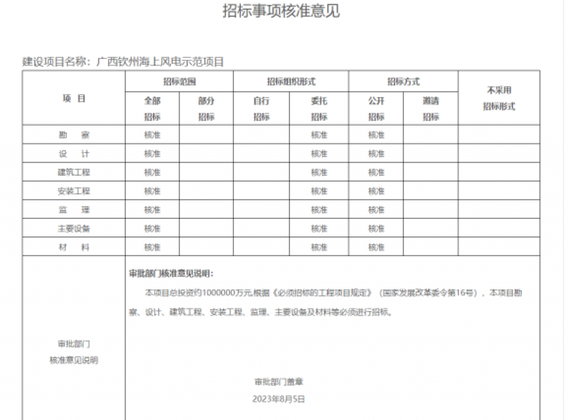 关于广西钦州海上风电示范项目核准的批复
