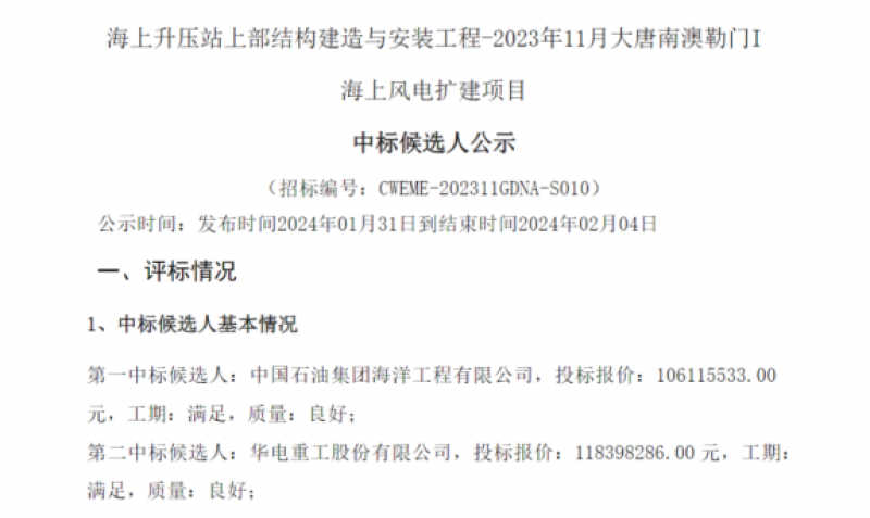 中国石油集团海洋工程中标海上风电项目