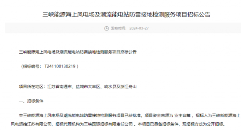 三峡能源海上风电场及潮流能电站防雷接地检测服务项目招标