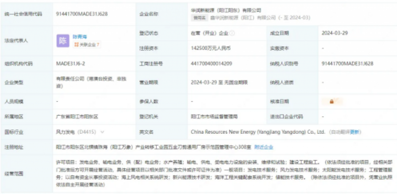 华润新能源(阳江阳东)有限公司成立