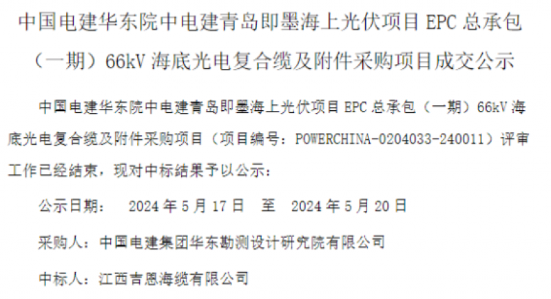 江西吉恩海缆中标中电建青岛即墨海上光伏项目