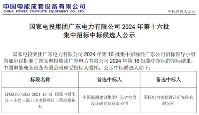 国家电投阳江三山岛三海上风电场项目工程勘察中标候选人公示！
