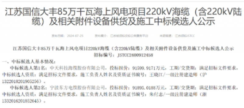 中天科技海缆中标江苏国信大丰85万千瓦海上风电项目！