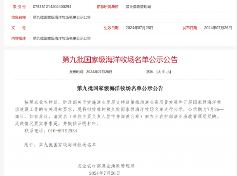 第九批国家级海洋牧场示范区名单公布！