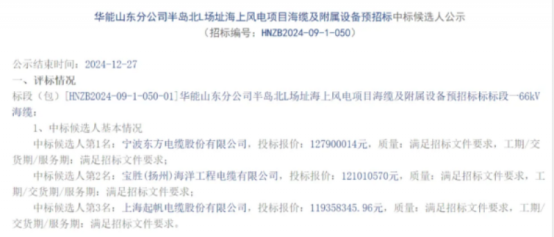华能山东分公司半岛北L场址海上风电项目预中标候选人公示