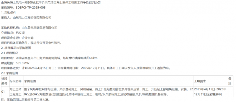 山海关海上风电一期500兆瓦平价示范项目启动施工竞争性谈判