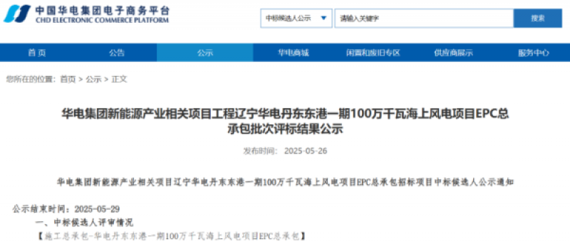 辽宁华电丹东东港一期100万千瓦海上风电项目中标候选人公示