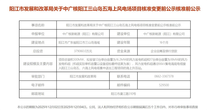 中广核阳江三山岛五海上风电场项目 | 中广核阳江帆石一海上风电场 | 中广核阳江帆石二海上风电场项目核准变更